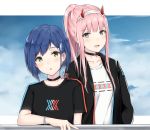  :o adore_(adoredesu) bangs black_jacket black_shirt blue_bracelet blue_eyes blue_hair blush choker collarbone commentary darling_in_the_franxx day eyebrows_visible_through_hair fashion green_eyes hair_ornament hairband hairclip highres horns ichigo_(darling_in_the_franxx) jacket jewelry logo long_hair looking_at_viewer multiple_girls oni_horns open_mouth pink_hair ponytail red_horns shirt short_hair sky standing t-shirt white_hairband white_shirt zero_two_(darling_in_the_franxx) 