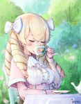  blonde_hair bow closed_eyes cup dress drill_hair drinking fire_emblem fire_emblem:_kakusei fire_emblem_heroes gloves hair_bow highres ippers mariabel_(fire_emblem) outdoors pinky_out sitting solo tea_set teacup teapot twin_drills 