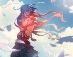  bare_shoulders bird blurry blurry_background blush cloud day dress flower hand_up highres long_hair looking_at_viewer milotic moe_(hamhamham) outdoors personification pokemon red_eyes red_hair smile solo standing white_feathers 