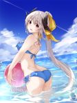  absurdres ass ball bangs beachball bikini blue_bikini blue_sky blurry blush breasts cloud condensation_trail cowboy_shot day depth_of_field eyebrows_visible_through_hair fate/grand_order fate_(series) frilled_bikini frills fuu_(fuore) grey_hair hair_ornament hair_ribbon highres holding holding_ball horns kiyohime_(fate/grand_order) kiyohime_(swimsuit_lancer)_(fate) lens_flare long_hair looking_at_viewer looking_back medium_breasts ocean open_mouth outdoors ponytail red_eyes ribbon sky smile solo sparkle standing swimsuit very_long_hair wading water water_drop wet yellow_ribbon 
