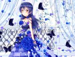  bangs bare_shoulders blue_dress blue_hair bouquet bug butterfly choker closed_mouth commentary_request dark_blue_hair dress earrings flower hair_between_eyes hiro9779 holding insect jewelry long_hair looking_at_viewer love_live! love_live!_school_idol_project necklace petals sleeveless sleeveless_dress smile solo sonoda_umi 