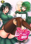  2girls bald blush breasts carrying commentary_request cover cover_page doujin_cover doujinshi dress expressionless fubuki_(one-punch_man) garter_straps green_eyes green_hair hug hug_from_behind kawa large_breasts multiple_girls one-punch_man panties pantyshot princess_carry saitama_(one-punch_man) siblings sisters sweatdrop tatsumaki thighhighs underwear 