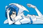 albyee bangs blue_background blue_hair breast_press breasts closed_mouth commentary darling_in_the_franxx eyebrows_visible_through_hair green_eyes hair_between_eyes hair_ornament hairclip hand_in_hair hand_on_own_head highres ichigo_(darling_in_the_franxx) leg_up looking_at_viewer lying pilot_suit short_hair simple_background small_breasts smile solo 
