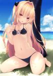  adapted_costume beach bikini black_bikini blonde_hair blue_sky blush breasts cloud cloudy_sky commentary_request day hair_between_eyes hair_ornament highres kneeling konjiki_no_yami long_hair looking_at_viewer navel outdoors red_eyes shokuyou_mogura sky small_breasts solo star_cutout swimsuit thighs to_love-ru very_long_hair 