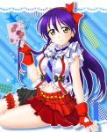  arm_up bangs blue_hair blush bokura_wa_ima_no_naka_de bow commentary_request earrings eyebrows_visible_through_hair fingerless_gloves gloves hair_between_eyes hair_bow hand_in_hair heart_cutout hiramitsu_asagi jewelry leg_garter long_hair looking_at_viewer love_live! love_live!_school_idol_project navel necktie red_gloves short_sleeves sitting smile solo sonoda_umi suspenders yellow_eyes 