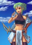  abs bare_shoulders black_legwear blue_sky breasts brown_gloves cloud cuboon cup day drink drinking_glass gloves green_hair hand_on_hip headband holding holding_cup large_breasts looking_at_viewer midriff navel open_mouth original red_eyes short_hair sky smile solo sweat sword tan thighhighs undressing weapon 