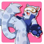  4_fingers anthro blue_fur bottomless clothed clothing cub eyewear featureless_crotch feline fur gloves goggles leopard mammal ollie open_mouth pop&#039;n_music simple_background snow_leopard solo teeth tuft yellow_eyes young 黒川啓太郎 