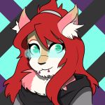  canine clothed clothing eyewear female fox fur glasses green_eyes hair inner_ear_fluff koyu_ruh mammal piercing pink_fur red_hair solo 