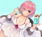  bare_shoulders blush breasts casual_one-piece_swimsuit cleavage collarbone drink dutch_angle eyes_visible_through_hair fate/grand_order fate_(series) glasses hair_over_one_eye holding jacket koruta_(nekoimo) large_breasts lavender_hair looking_at_viewer mash_kyrielight nail_polish off_shoulder one-piece_swimsuit open_clothes open_jacket polka_dot polka_dot_background purple_eyes purple_hair short_hair smile solo spoon swimsuit swimsuit_of_perpetual_summer white_swimsuit 