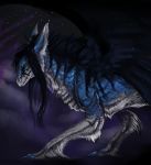  2014 black_hair blue_fur digital_media_(artwork) dragon feral fur furred_dragon green_eyes hair night outside shwonky solo standing 