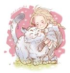  animal blonde_hair braid brown_hair chibi closed_eyes e_f_regan826 fur_trim h'aanit_(octopath_traveler) hug linde_(octopath_traveler) long_hair lowres octopath_traveler smile snow_leopard solo 