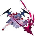  bat_wings bow brooch cravat dress fang frilled_shirt frilled_shirt_collar frilled_sleeves frills hat hat_ribbon highres ikurauni jewelry lavender_hair looking_at_viewer mob_cap pink_dress puffy_short_sleeves puffy_sleeves red_bow red_eyes red_ribbon remilia_scarlet ribbon ribbon_trim sash shirt short_hair short_sleeves spear_the_gungnir the_embodiment_of_scarlet_devil touhou wings wrist_cuffs 