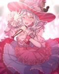  :d anger_vein blush carmilla_(fate/grand_order) cosplay detached_sleeves dress elizabeth_bathory_(fate) elizabeth_bathory_(fate)_(all) elizabeth_bathory_(fate)_(cosplay) embarrassed fang fate/grand_order fate_(series) fingernails flower frilled_dress frills hat hat_flower highres holding holding_microphone long_fingernails long_hair looking_at_viewer microphone moe_(hamhamham) one_eye_closed open_mouth pig pink_hat rose sharp_fingernails silver_hair smile solo striped_hat tears wavy_hair yellow_eyes 