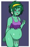  blush bottomless clothed clothing edit female green_hair green_skin hair hi_res humanoid lazy-time_(artist) looking_at_viewer mammal not_furry pregnant rottytops shantae_(series) simple_background skull_earrings smile solo undead zombie 