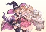  animal_ears bangs blonde_hair blush boots breasts brown_eyes bunny_ears bunny_tail cape collarbone commentary_request djeeta_(granblue_fantasy) dress elbow_gloves eyebrows_visible_through_hair flower gauntlets gloves granblue_fantasy hair_flower hair_ornament hairband hat highres leotard looking_at_viewer medium_breasts milli_little multiple_girls multiple_persona open_mouth pink_dress puffy_sleeves short_dress short_hair short_sleeves signature simple_background skirt smile tail thigh_boots thighhighs white_gloves white_leotard witch_hat wrist_cuffs zettai_ryouiki 