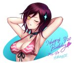  1girl ;) armpits arms_behind_head bikini_top breasts collar collarbone dare_ga_tame_no_alchemist dated happy_birthday large_breasts looking_at_viewer one_eye_closed pirapom purple_hair short_hair smile solo sparkle upper_body yellow_eyes 