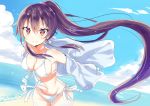  bikini black_hair blue_sky blush breasts cloud cloudy_sky commentary_request day eyebrows_visible_through_hair hair_between_eyes highres hizaka kantai_collection long_hair looking_at_viewer medium_breasts ocean open_clothes open_shirt outdoors ponytail red_eyes shirt sky smile solo swimsuit very_long_hair white_bikini white_shirt yahagi_(kantai_collection) 