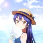  bangs bare_shoulders blue_hair commentary_request day fan flower from_side hair_between_eyes hat hat_flower holding holding_fan kazuma_(theworld000021) long_hair looking_at_viewer love_live! love_live!_school_idol_festival love_live!_school_idol_project ocean outdoors paper_fan smile solo sonoda_umi uchiwa upper_body yellow_eyes 