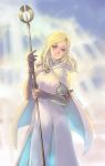  blonde_hair blush dress e_f_regan826 gloves grey_eyes jewelry long_hair looking_at_viewer octopath_traveler ophilia_(octopath_traveler) simple_background smile solo staff 