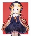  :d abigail_williams_(fate/grand_order) bangs black_bow black_dress black_hat blonde_hair bloomers blue_eyes blush bow bug butterfly commentary_request dress eyebrows_visible_through_hair fate/grand_order fate_(series) forehead hair_bow hands_up hat insect long_hair long_sleeves looking_at_viewer object_hug open_mouth orange_bow parted_bangs polka_dot polka_dot_bow red_background sleeves_past_wrists smile solo stuffed_animal stuffed_toy teddy_bear tengxiang_lingnai two-tone_background underwear very_long_hair white_background white_bloomers 