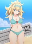  alternate_costume alternate_hairstyle arms_behind_back ass_visible_through_thighs awkward bare_shoulders beach bikini blonde_hair blue_bikini blue_eyes blue_hairband blue_sky blurry blurry_background blush breasts cleavage cloud collarbone commentary cowboy_shot day enemy_lifebuoy_(kantai_collection) flight_deck gambier_bay_(kantai_collection) groin hair_between_eyes hairband highres holding inflatable_raft kantai_collection kodama_(user_rnfr3534) large_breasts long_hair looking_at_breasts messy_hair navel o-ring o-ring_top outdoors ponytail sand sky solo stomach swimsuit thighs 