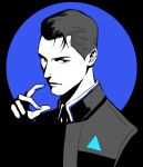  android blue_background commentary connor_(detroit) detroit:_become_human english_commentary fingernails hand_up jacket kanapy limited_palette looking_at_viewer male_focus parted_lips red_eyes solo upper_body 