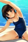  armpits bangs bare_arms bare_shoulders black_eyes blue_swimsuit blush breasts brown_hair closed_mouth commentary_request competition_school_swimsuit eyebrows_visible_through_hair highres leaning_to_the_side looking_at_viewer matsunaga_kouyou medium_breasts mole mole_on_thigh nose_blush one-piece_swimsuit original pool poolside school_swimsuit sitting solo spread_legs stretch swimsuit water 