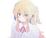  alicia_(kagawa_yuusaku) blonde_hair blouse blue_eyes blush commentary_request kagawa_yuusaku long_hair looking_at_viewer original ribbon signature smile solo 