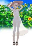  armpits arms_up azuse_neko bangs bare_shoulders blonde_hair blue_sky blush breasts brown_eyes closed_mouth collarbone commentary_request covered_navel covered_nipples day dress field flower flower_field full_body hair_over_one_eye hat hips idolmaster idolmaster_cinderella_girls legs looking_at_viewer navel nipples pubic_hair sandals see-through shirasaka_koume sky small_breasts smile solo straw_hat sun_hat sunflower thighs wet wet_clothes white_dress 