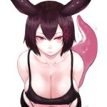  animal_ears arms_behind_back bangs bare_shoulders black_panties black_pants black_tank_top bob_cut breasts brown_hair cleavage closed_mouth collarbone commentary_request covered_nipples expressionless hair_between_eyes hair_ornament hair_ribbon highleg highleg_panties large_breasts leaning_forward looking_at_viewer motion_lines navel number original pale_skin panties pants pink_eyes red_ribbon ribbon short_hair shu-mai simple_background solo spaghetti_strap tail tank_top tress_ribbon tsurime underwear white_background x_hair_ornament 