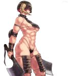  abs armlet armor axe bare_shoulders bikini bikini_armor black_bikini bracer breasts closed_mouth commentary dual_wielding elbow_pads from_side gladiator helmet holding horned_helmet looking_away medium_breasts muscle muscular_female number original profile purple_eyes red_hair short_hair shu-mai simple_background skindentation solo standing swimsuit warrior white_background 