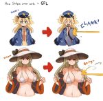  :d absurdres bangs bare_shoulders bikini black_bow blocking blonde_hair blue_eyes blue_hat blue_jacket blush bow breasts character_name cleavage collared_shirt commentary directional_arrow english_commentary eyebrows_visible_through_hair firing flat_chest girls_frontline hair_between_eyes hat hat_bow highres huge_breasts ithaca_m37_(girls_frontline) jacket kion-kun long_hair long_sleeves looking_at_viewer multiple_girls navel necktie onomatopoeia open_clothes open_jacket open_mouth orange_eyes pun red_neckwear ricocheting shirt simple_background smile sun_hat super_shorty_(girls_frontline) swimsuit two_side_up v-shaped_eyebrows vest wardrobe_malfunction white_background white_bikini white_hat white_shirt wide_sleeves wing_collar 