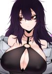  bangs bare_shoulders breasts closed_mouth covered_nipples grey_jacket hair_between_eyes huge_breasts j.k. jacket long_hair looking_to_the_side o-ring o-ring_top off_shoulder original purple_hair red_eyes simple_background solo upper_body white_background 