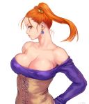  armpit_peek bangs bare_shoulders breasts brown_eyes cleavage collarbone commentary_request corset covered_nipples dragon_quest dragon_quest_viii dress earrings floating_hair hand_on_hip jessica_albert jewelry large_breasts lips long_hair long_sleeves looking_at_viewer looking_to_the_side neck number orange_hair parted_lips profile shu-mai sideways_glance simple_background solo standing strapless strapless_dress twintails upper_body white_background 
