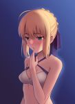  ahoge artoria_pendragon_(all) artoria_pendragon_(swimsuit_archer) bangs bare_arms bare_shoulders bikini blonde_hair blue_background blush boa_(brianoa) breasts criss-cross_halter embarrassed eyebrows_visible_through_hair fate/grand_order fate/stay_night fate_(series) finger_to_mouth green_eyes hair_bun hair_ribbon half-closed_eyes halterneck hand_up highres nose_blush parted_lips purple_ribbon ribbon sidelocks small_breasts solo swimsuit upper_body white_bikini 
