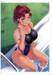  absurdres artist_name bangs bare_shoulders breasts cleavage collarbone dark_skin highres holding large_breasts looking_at_viewer one-piece_swimsuit open_mouth page_number ponytail poolside saemon_(tonpura) shiny shiny_clothes shiny_hair shiny_skin simple_background sitting smile solo swimsuit thighs tied_hair toranoana water 