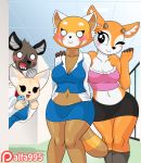  2018 5_fingers aggressive_retsuko alfa995 animated antelope anthro blush blush_stickers breasts canine cleavage clothed clothing collarbone crop_top digital_media_(artwork) female fennec fenneko fox group haida hand_on_shoulder holding_object holding_phone hyena inside laugh male mammal midriff navel one_eye_closed open_mouth patreon phone red_panda retsuko sanrio shaking shirt skirt smile tsunoda wide_hips wink 