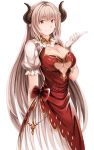  alicia_(granblue_fantasy) beisaku_bei blush breasts cleavage draph dress earrings gloves granblue_fantasy highres horns jewelry large_breasts long_hair looking_at_viewer pointy_ears red_eyes silver_hair smile solo white_gloves 