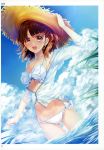  absurdres alpha_(yukai_na_nakamatachi) artist_name bangs bikini blue_sky brown_eyes brown_hair cloud cloudy_sky day earrings eyebrows_visible_through_hair hat highres jacket jewelry long_sleeves looking_at_viewer open_mouth outdoors page_number scan see-through short_hair sky smile solo straw_hat sun_hat swimsuit toranoana wading water white_bikini zipper zipper_pull_tab 