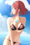  arm_under_breasts bangs bare_shoulders bikini blue_sky breast_hold breasts cleavage closed_mouth cloud cowboy_shot day earrings eyebrows_visible_through_hair hair_ornament highres homura_(xenoblade_2) jewelry large_breasts looking_at_viewer mebi_(mebieru) navel ocean outdoors red_bikini red_eyes red_hair short_hair side-tie_bikini sky solo sweat swept_bangs swimsuit xenoblade_(series) xenoblade_2 