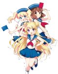  :d alice_cartelet bangs blonde_hair blue_eyes blue_flag blue_hat blue_sailor_collar blue_skirt brown_eyes brown_hair commentary_request double_bun flag grin hair_ornament hairclip hand_on_hip hara_yui hat holding holding_flag inokuma_youko kin-iro_mosaic kujou_karen long_hair looking_at_viewer miniskirt multiple_girls neckerchief open_mouth purple_eyes red_flag red_neckwear sailor_collar sailor_hat salute school_uniform serafuku skirt sleeveless smile standing standing_on_one_leg twintails water_drop white_background white_flag x_hair_ornament 