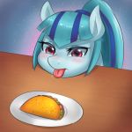  2018 blue_hair blush cute earth_pony equestria_girls equine eyebrows eyelashes female feral food hair horse low_res mammal multicolored_hair my_little_pony plate pony ponytail purple_eyes solo sonata_dusk_(eg) table taco tongue tongue_out two_tone_hair tzc 