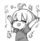  :d \o/ ^_^ afterimage ahoge ahoge_wag arms_up bangs blush braid closed_eyes commentary_request copyright_request expressive_hair eyebrows_visible_through_hair facing_viewer greyscale hair_between_eyes hair_bun highres jako_(jakoo21) monochrome open_mouth outstretched_arms shirt short_sleeves sidelocks simple_background smile solo translation_request white_background 