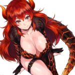  bangs belt_collar black_collar blush breasts breasts_apart brown_eyes buckle closed_mouth collarbone commentary_request doora_(nijisanji) dragon_girl dragon_horns dragon_tail from_above fur_collar hair_between_eyes horns large_breasts long_hair looking_at_viewer looking_up navel nijisanji red_hair scales shiny shiny_skin shu-mai simple_background sitting smile solo tail thigh_strap virtual_youtuber white_background 