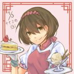  brown_eyes brown_hair commentary_request food gensou_suikoden gensou_suikoden_ii gloves hairband ice_cream nanami_(suikoden) oji_(nyantyu081) shirt short_hair smile solo 