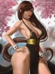  bad_anatomy bare_shoulders blurry blurry_background bracelet braid breasts brown_eyes brown_hair cherry_blossoms china_dress chinese_clothes chun-li cleavage commentary dress english_commentary falling_petals hands_on_hips jewelry large_breasts lolliedrop long_hair looking_at_viewer muscle parted_lips pelvic_curtain pinup red_lips sash single_braid spiked_bracelet spikes street_fighter thick_thighs thighs 