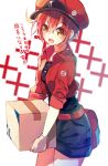  :d absurdres ae-3803 ahoge bag belt beret box breasts cowboy_shot gloves hair_between_eyes hat hataraku_saibou highres holding holding_box jacket looking_at_viewer medium_breasts miniskirt name_tag nekoboshi_sakko open_mouth red_hair red_jacket satchel shirt short_hair short_sleeves skirt smile solo sweat v-shaped_eyebrows white_background white_gloves yellow_eyes 