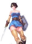  bangs bare_shoulders belt belt_buckle black_hair blue_dress breasts brown_belt brown_eyes brown_footwear brown_gloves buckle circlet cleavage closed_mouth collarbone commentary_request covered_nipples detached_sleeves dragon_quest dragon_quest_iii dress gloves hair_between_eyes holding holding_shield holding_sword holding_weapon impossible_clothes impossible_dress large_breasts looking_away looking_to_the_side number roto shield short_dress short_hair shu-mai simple_background solo standing strapless strapless_dress sword thighhighs thighs weapon white_background yellow_legwear 
