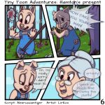  2018 comic detailed_background digital_media_(artwork) duo english_text female flower granny_(looney_tunes) hamton_j_pig hoe human lirkov looney_tunes male mammal park pig plant porcine speech_bubble text tiny_toon_adventures warner_brothers 