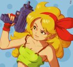  blonde_hair blue_background breasts cleavage commentary crop_top curly_hair dark_persona dragon_ball dragon_ball_(classic) english_commentary eyebrows fingerless_gloves gloves green_eyes gun hairband holding holding_gun holding_weapon imi_uzi joakim_sandberg lips long_hair lunch_(dragon_ball) medium_breasts polka_dot polka_dot_background red_gloves red_hairband solo spaghetti_strap stomach submachine_gun trigger_discipline weapon 